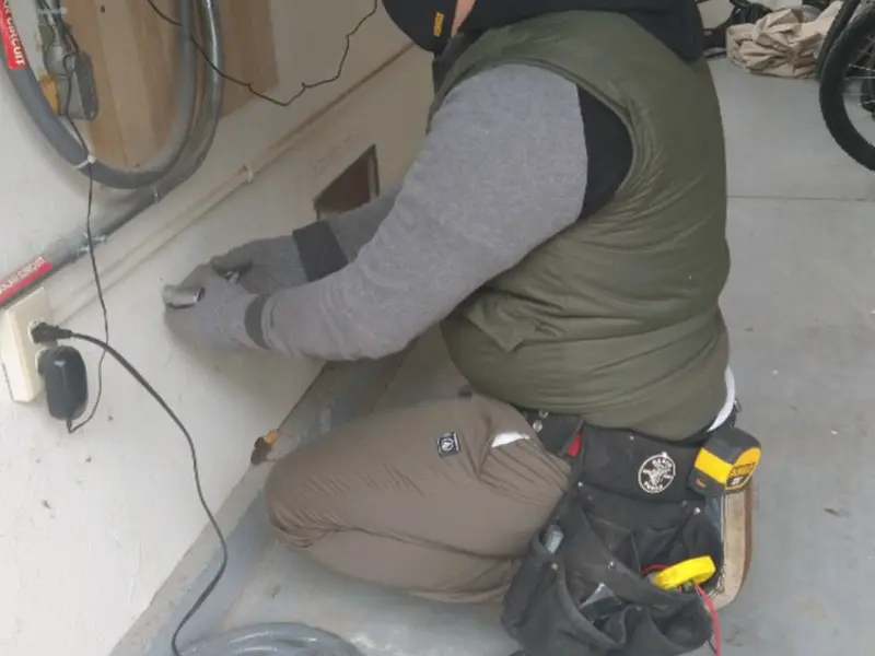 Electrician performing outlet wiring in a North Browning garage
